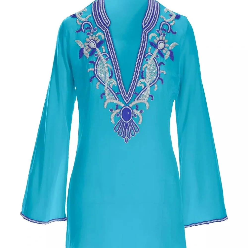 Boston Proper Aqua and Indigo Embroidered Tunic - Picture 2 of 7